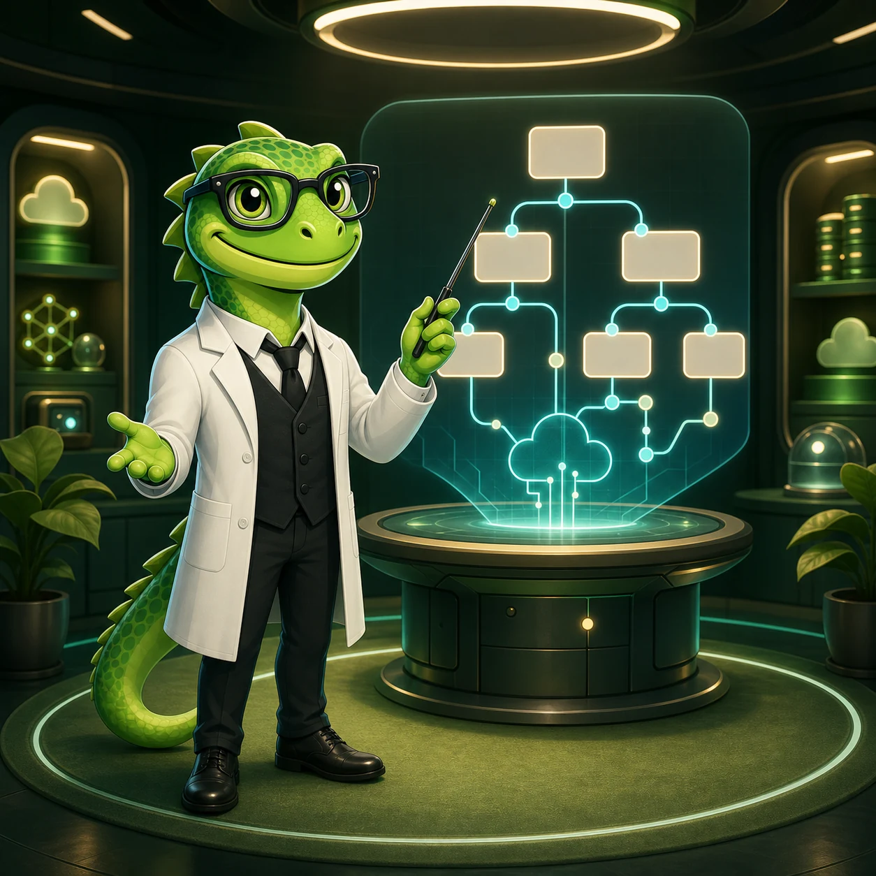 WebLizard Labs lizard instructor guiding a cloud and AI decision map