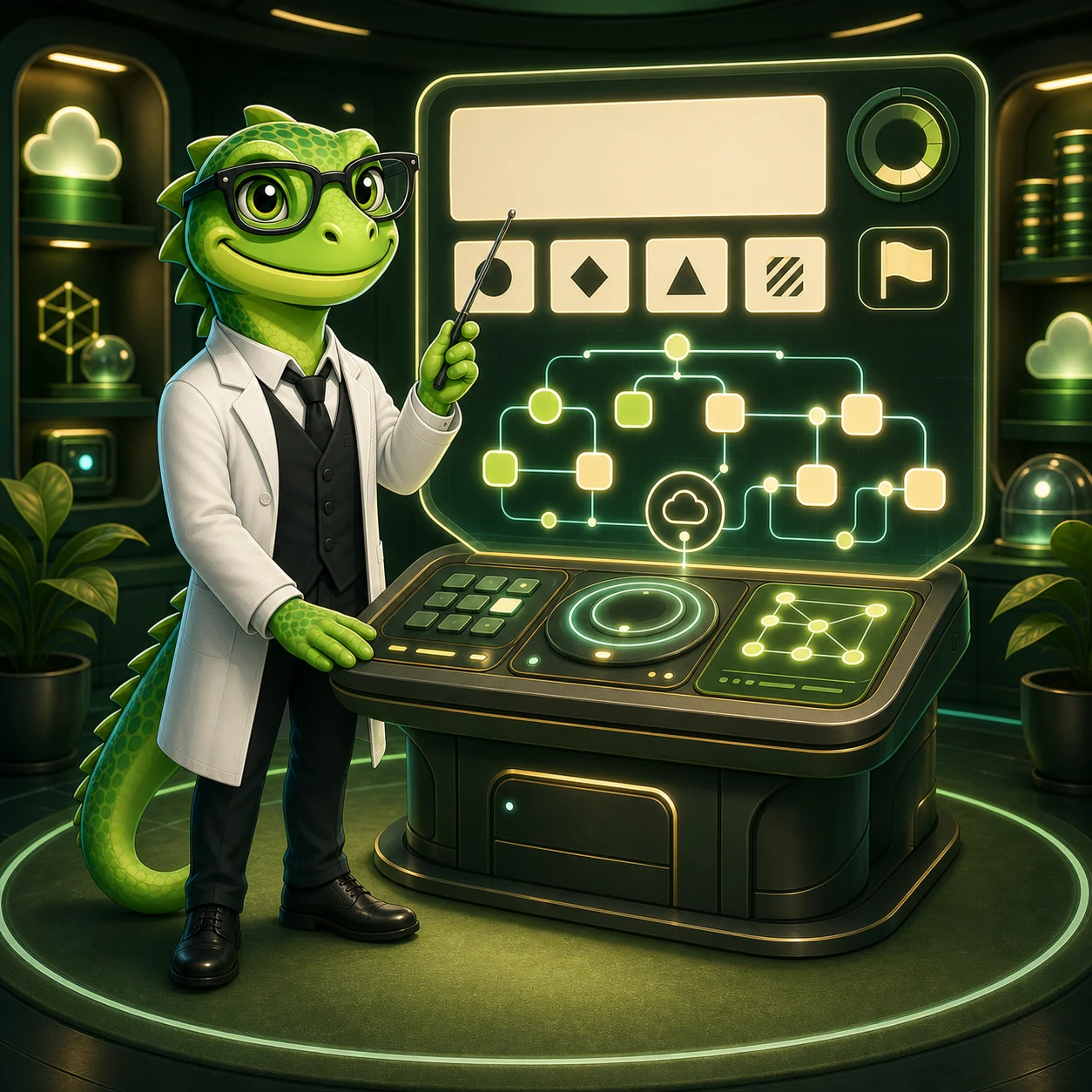 WebLizard Labs lizard instructor operating a practice-exam simulation console