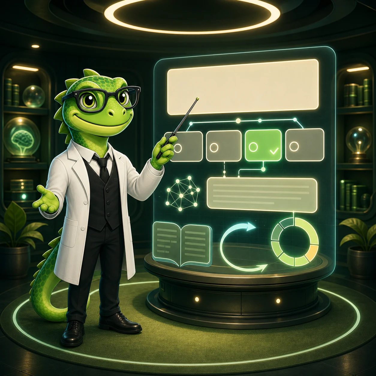 WebLizard Labs lizard instructor demonstrating a question, explanation, and remediation loop