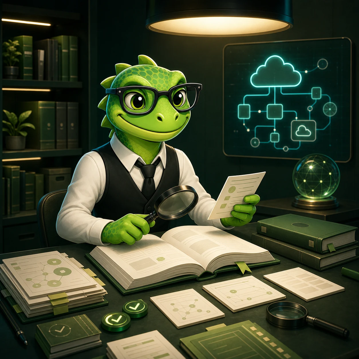WebLizard Labs instructor checking source records and cloud diagrams