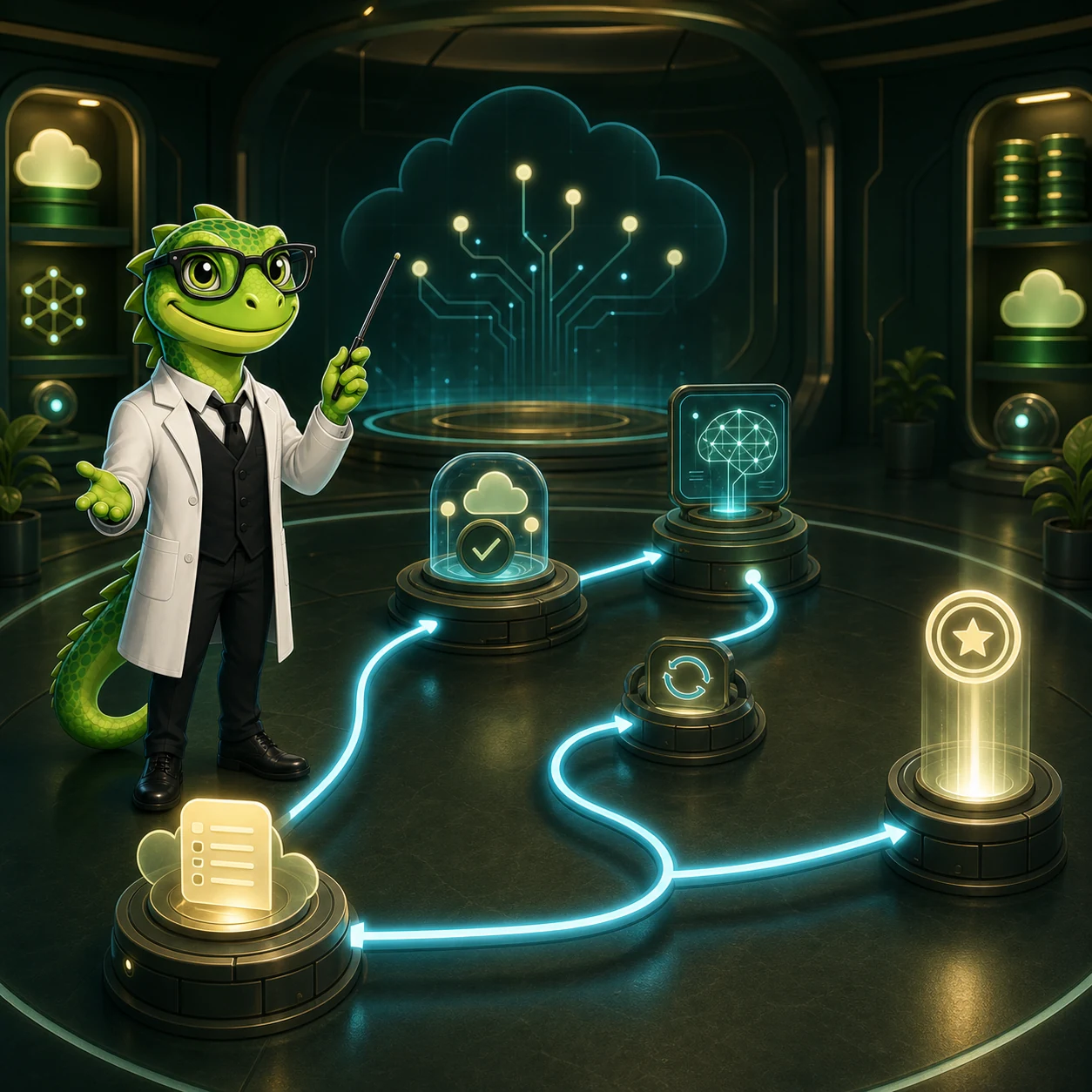 WebLizard Labs lizard instructor guiding the AB-730: Microsoft AI Business Professional learning path