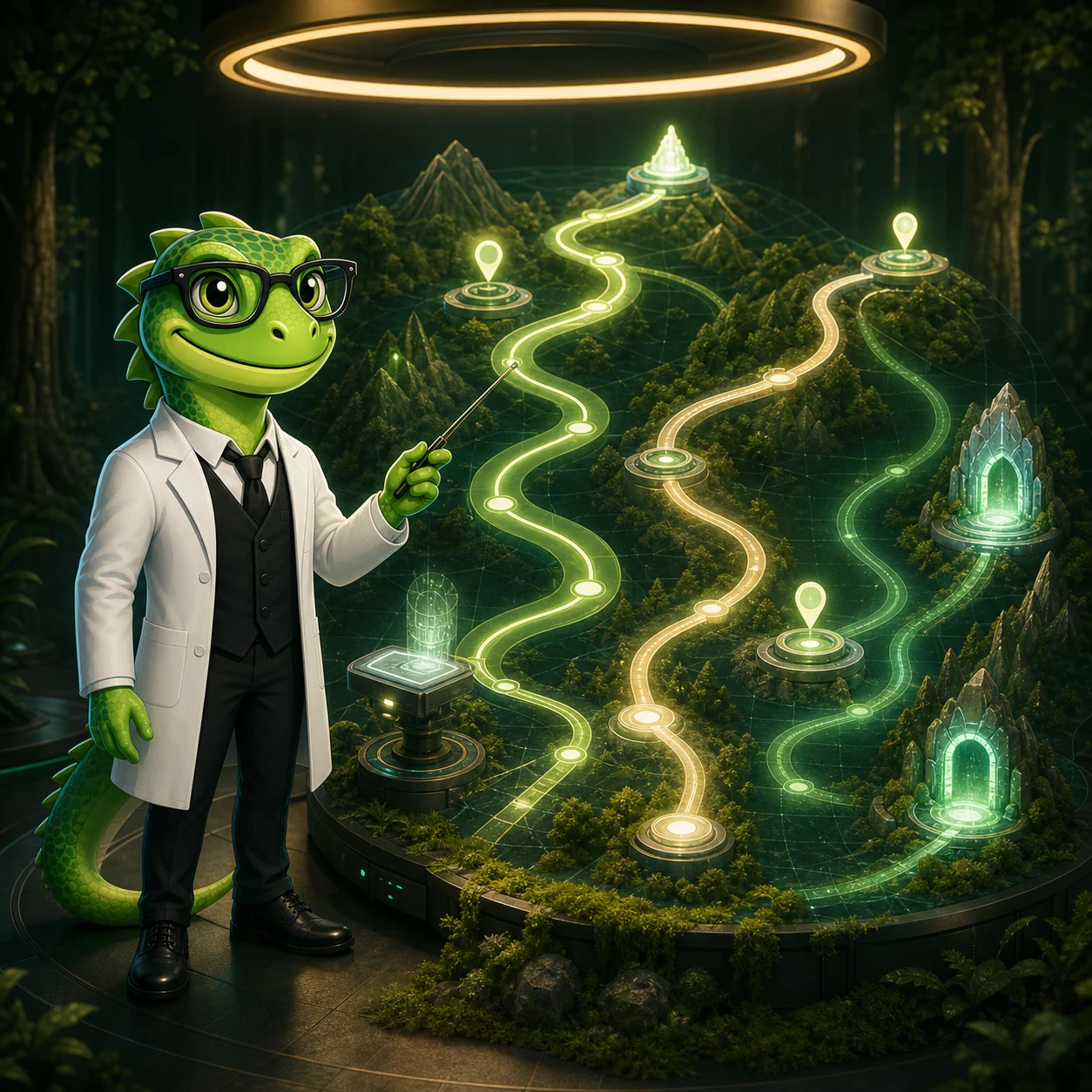 WebLizard Labs lizard instructor presenting connected certification learning routes
